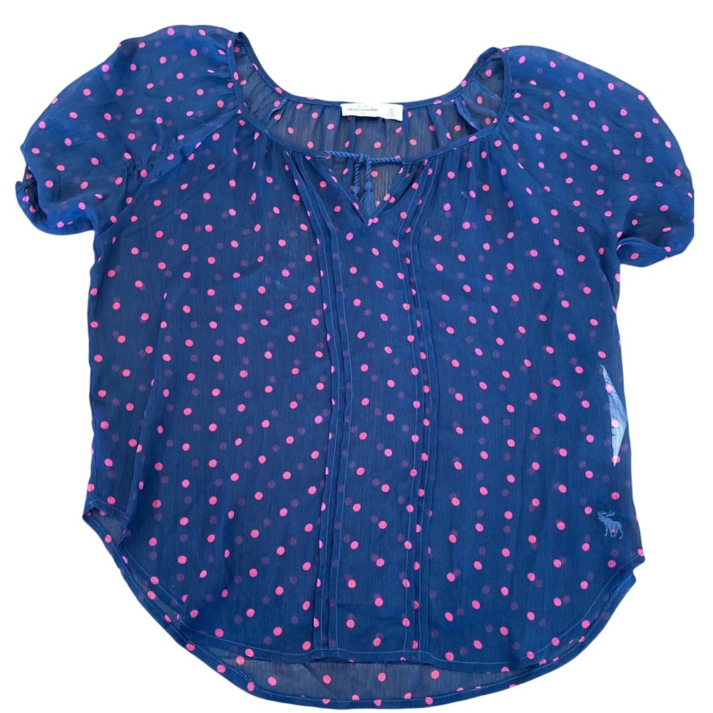 Abercrombie Kids Navy Blue Pink Polka Dot Sheer Tassel Blouse XL